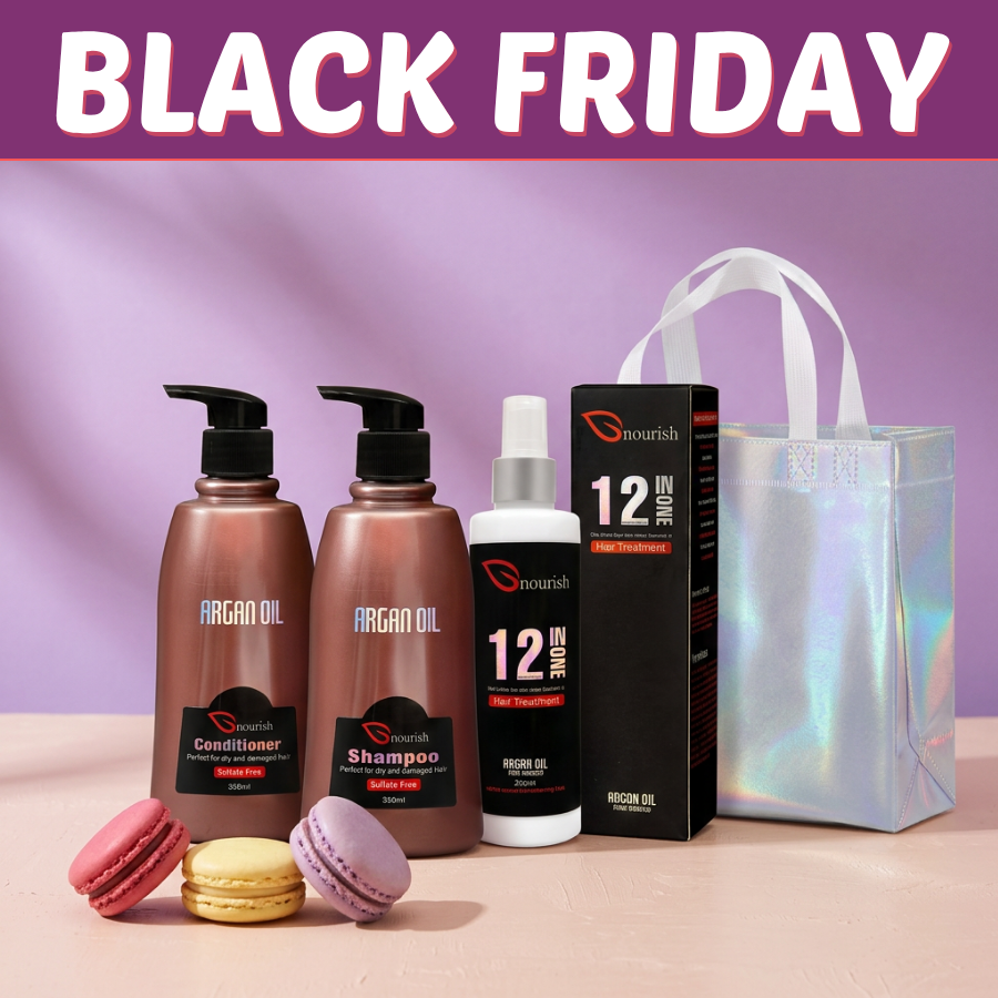 Black Friday Deal D: Nourish Argan shampoo and conditioner, 12 in One and holographic gift bag. Styling props excluded.