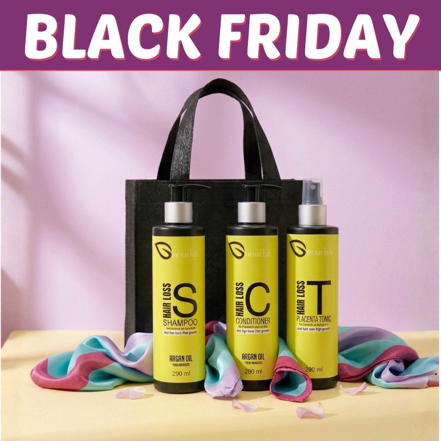 Black Friday Deal H: Nourish Hair Loss shampoo, conditioner and placenta tonic, 290ml each, with a black gift bag. Fabric props excluded.