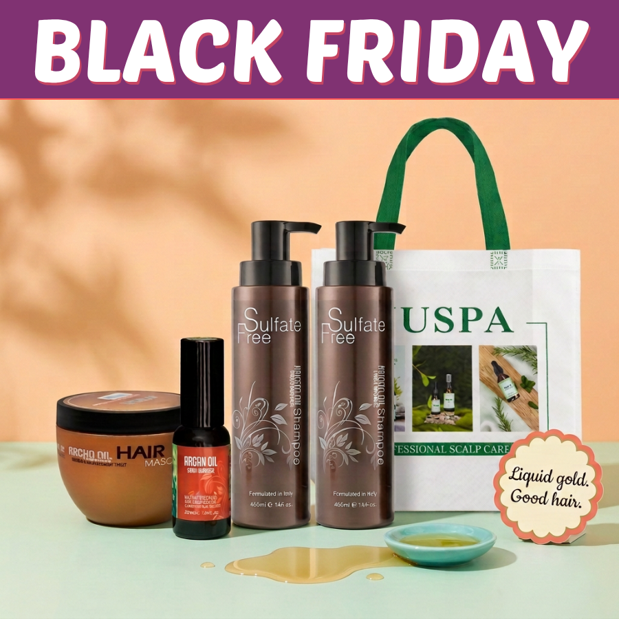Black Friday Deal Q with argan oil hair masque, argan oil, NUSPA shampoo and conditioner, and green-and-white gift bag. Photographic props excluded.