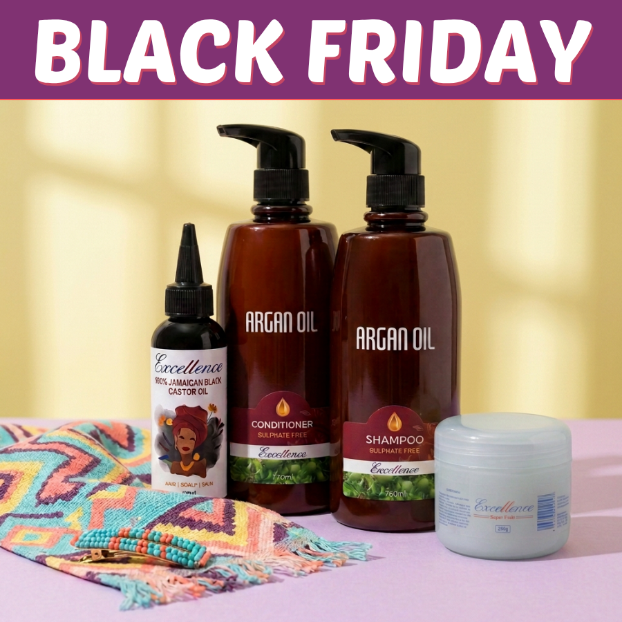 Black Friday Deal R with Excellence castor oil, argan shampoo and conditioner, and super hold gel. Fabric and bracelets are props, not included.