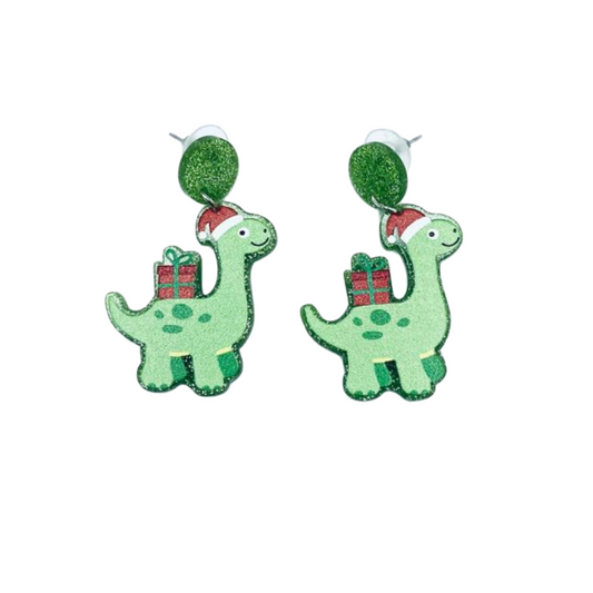 Green Dino Christmas Earrings