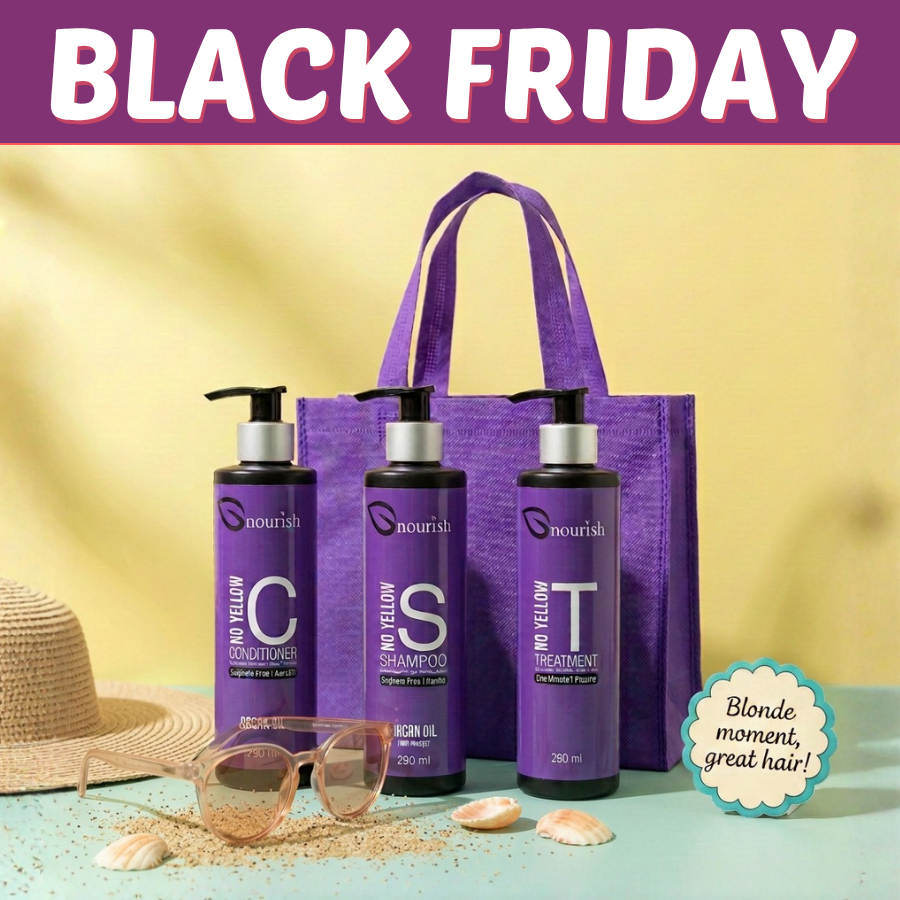 Black Friday Deal E: Nourish No Yellow shampoo, conditioner and treatment with a purple gift bag. Photographic props excluded.