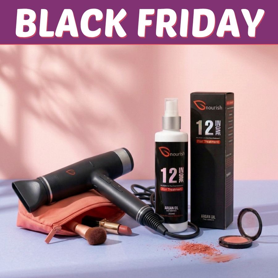 Black Friday Deal F: Nourish hair dryer and one 12 in One Treatment Spray 250ml. Cosmetic pouch, makeup and props not included.