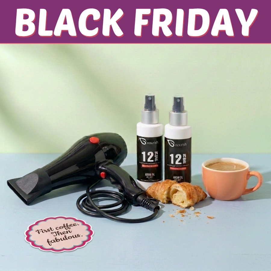 Black Friday Deal G: Excellence dryer and two Nourish 12 in One 100ml sprays. Cup, food and decorative props excluded.