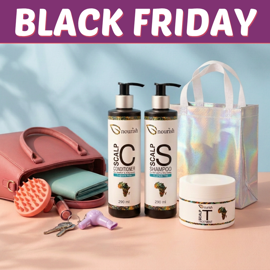 Black Friday Deal K: Nourish Scalp shampoo, conditioner and treatment with a holographic gift bag. Handbag, brush and other props excluded.
