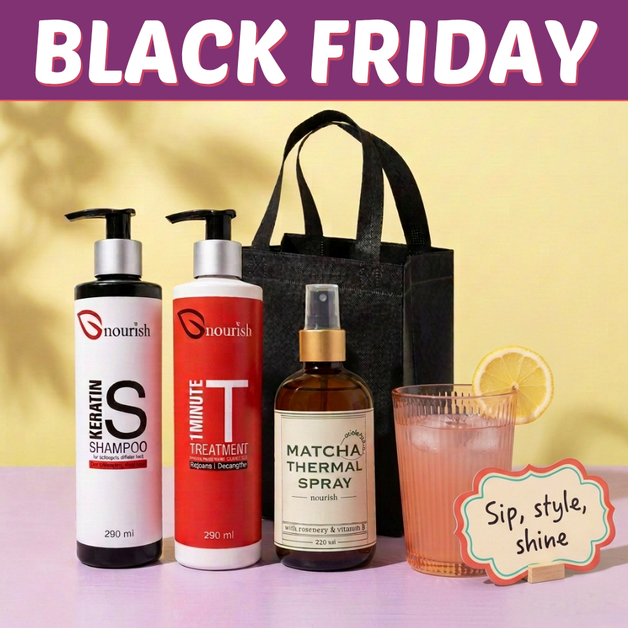 Black Friday Deal L: Nourish Keratin Shampoo, One Minute Treatment and Matcha Thermal Spray with black gift bag. Drink and props excluded.