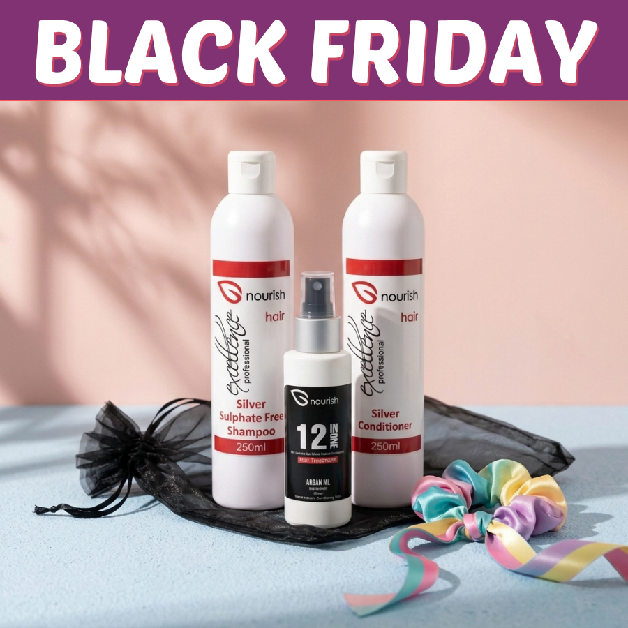 Black Friday Deal M: Nourish Silver Shampoo, Silver Conditioner, 12 in One spray and organza bag. Bag colour may vary. Scrunchie and props excluded.