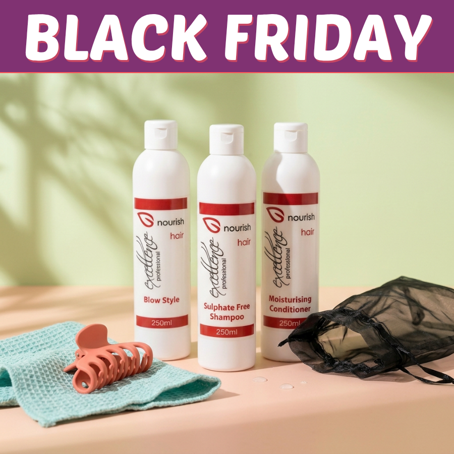 Black Friday Deal N: Nourish Blow Style, shampoo and conditioner with organza gift bag. Bag colour may vary. Towel and hair clip excluded.