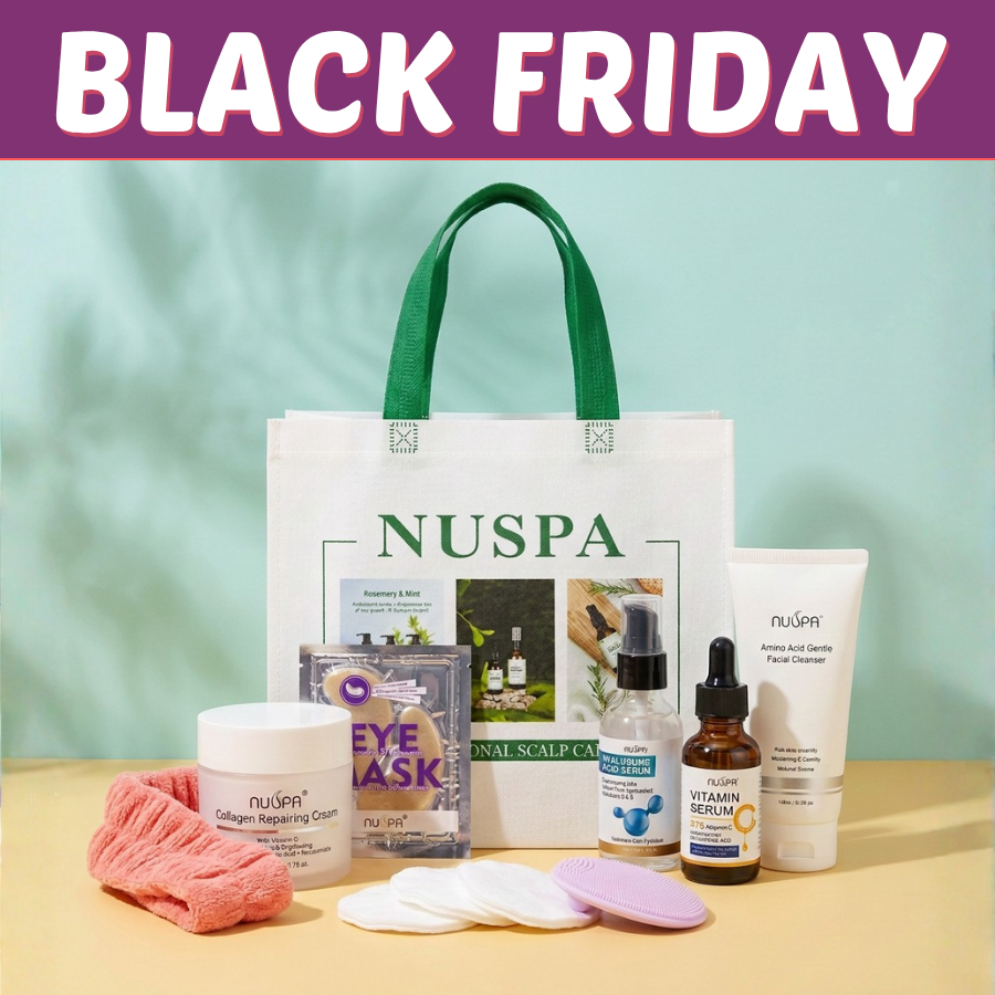 Black Friday Deal P: five NUSPA skincare items and green-and-white gift bag. Headband, cotton pads, facial brush and props excluded.