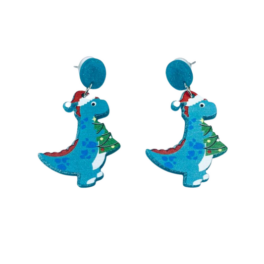 Blue Dino Christmas Earrings